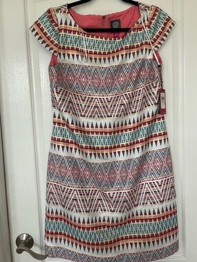 Vince Camuto Coral Pink Multicolor Geometric Midi Dress